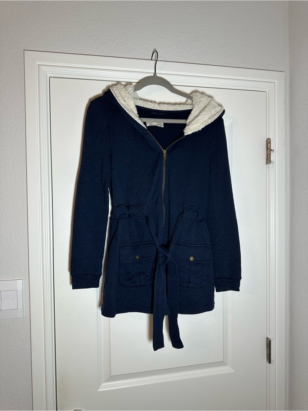 Saturday Sunday Anthropologie Navy Sherpa Hooded Jacket 2-Way Zip Tie Waist M